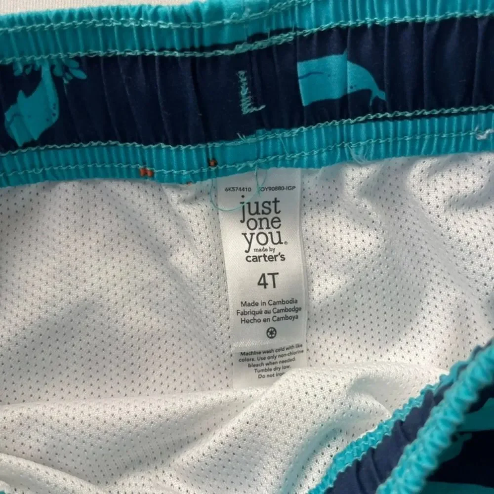 Carters Boys 4T Swim Trunks Blue Teal Striped Whale Octopus Mesh